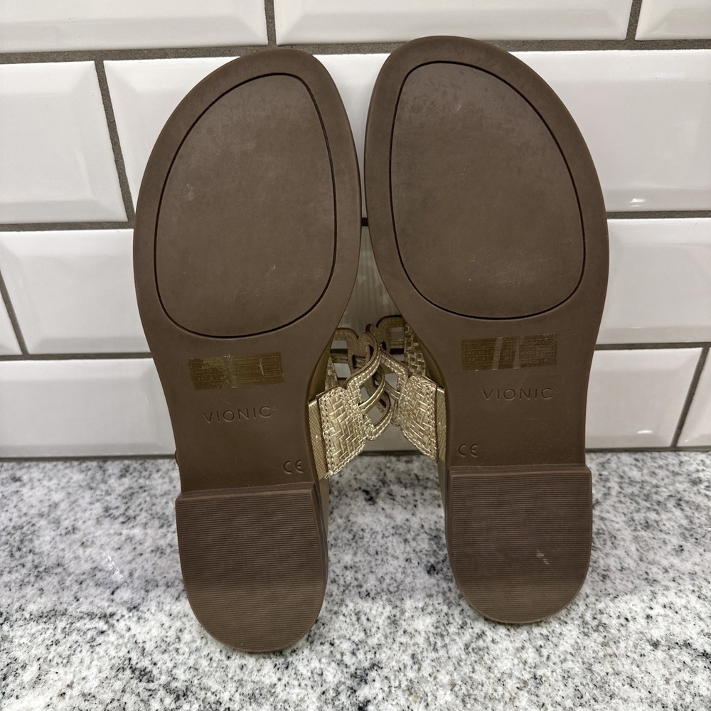 Vionic Alvana Gold Leather Thong Flat‎ Sandals Women's 8.5 Comfort Arch Support - Picture 6 of 7